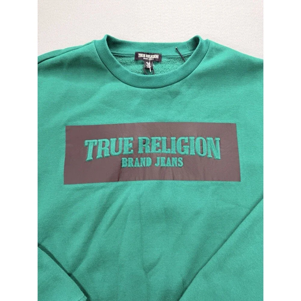 True Religion Green Crewneck Sweatshirt Men’s Large Logo Graphic Fleece Pullover